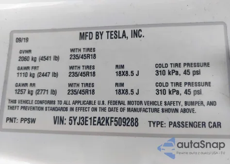 2019 Tesla Model 3 Long Range/Mid Range/Standard Range/Standard Range Plus from USA, damaged, VIN 5YJ3E1EA2KF509288